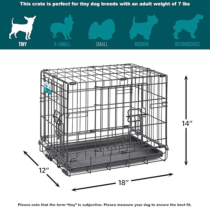 MidWest Homes for Pets 18-Inch iCrate for Tiny Breeds, Up to 10 lbs, Double Door Folding Dog Crate with Divider Panel, Leak-Proof Tray & Secure Latches, Portable, Durable & Easy to Assemble