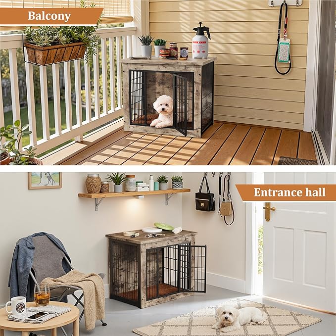 Greesum Modern Dog Crate Furniture That Doubles as a Side Table - Sturdy Wooden Kennel with Double Door Design, Equipped with Soft Cushion & Chew-Resistant Resign, Suitable for Dogs