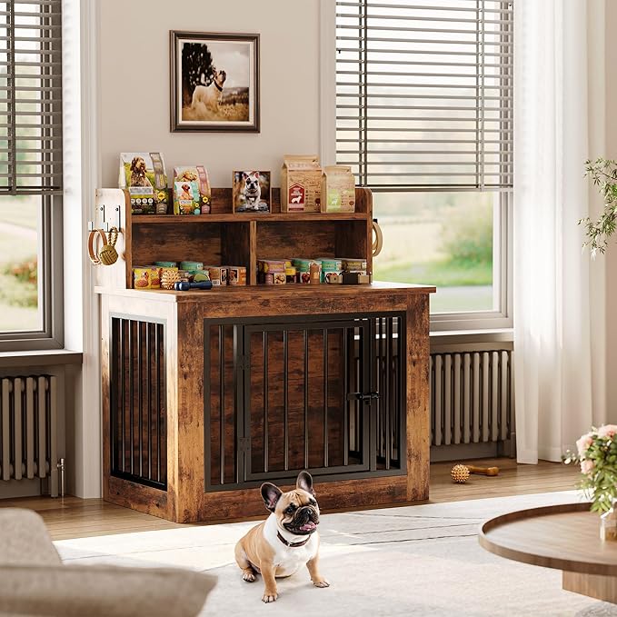 IRONCK Dog Crate Furniture, 33.4 inches Wooden Small Dog Crate with Storage and 4 Hooks, Heavy Duty Pet Crate for Small Dog, Decorative Pet Cage for Indoor (19.3" L x 33.4" W x 37.4" H)