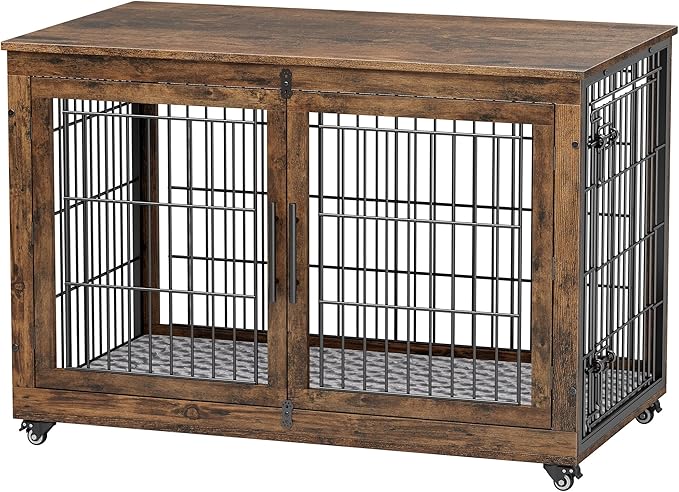 YaFiti Dog Crate Furniture with Cushion, Wooden Dog Kennel Indoor with Double Doors, Dog Cage with Wheels, Dog House Side End Table for Large Dogs up to 85 lb, 44" L, Rustic Brown