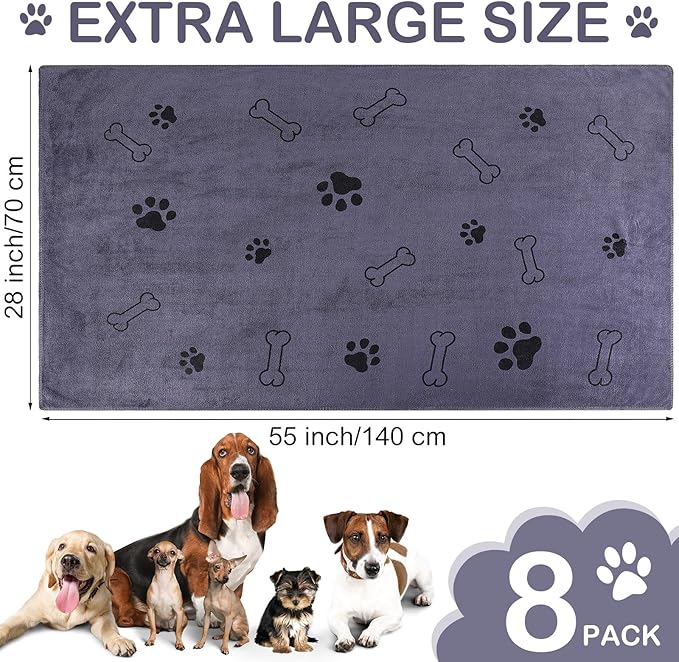 Chumia 8 Pcs Dog Towels for Drying Dogs Cats Pet Towels Bulk Puppy Microfiber Fast Drying Paw Bath Bathing Supplies Absorbent for Medium Pets(55 x 28 Inch,Dog Paw and Bone,Gray)