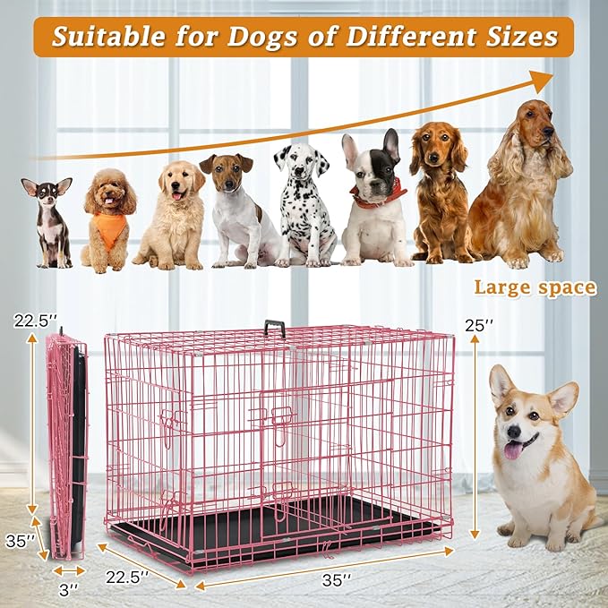 Folding Dog Crate 36" Metal Portable Outdoor Double Door Wire Large Cat Pet Dog Cage Kennel with ABS Tray LC & Divider, Pink