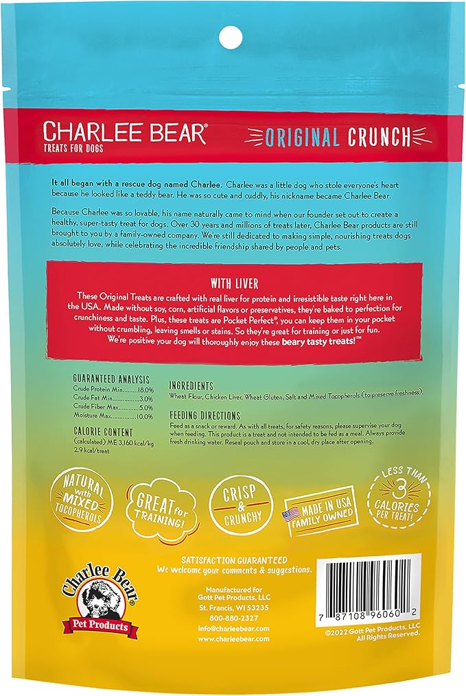 Charlee Bear Original Crunch Dog Training Treats, Liver Flavor, 3 Calories Each, Low Calorie Natural Rewards for Puppies to Adult Dogs, Made in USA, 6 oz (3-Pack)