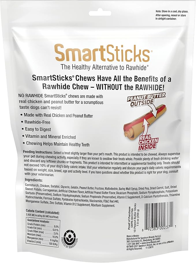SmartBones SmartSticks with Real Peanut Butter,Rawhide-Free Chews for Dogs,12 Count (Pack of 2)