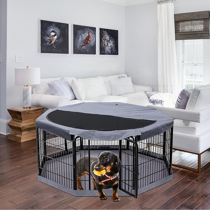 PETIME Dog Playpen,Metal Exercise Puppy Pen Heavy Duty Kennels Yard Fence Indoor/Outdoor 22" W x 24" H 8 Panels Dog Cage with Octagon Top Cover and Bottom Pad