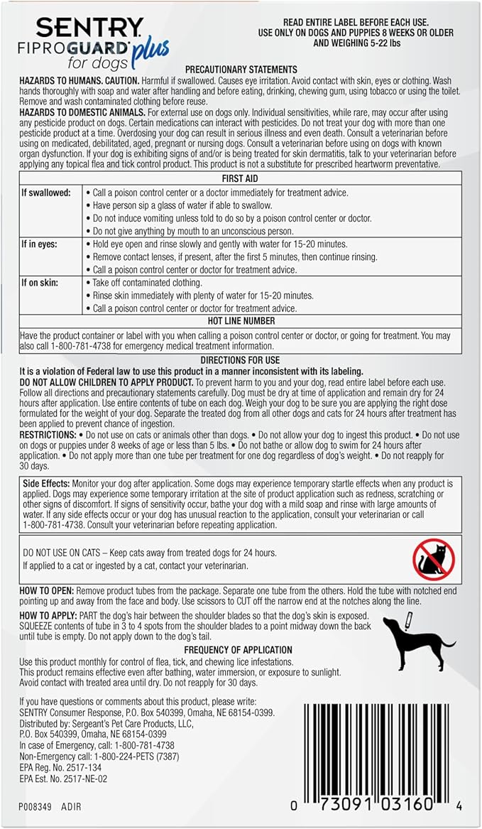 Sentry Fiproguard Plus for Dogs, Flea and Tick Prevention for Dogs (5-22 Pounds), Includes 3 Month Supply of Topical Flea Treatments