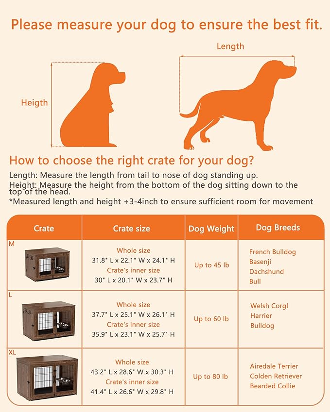 Piskyet Wooden Dog Crate Furniture with 360°Rotatable Removable Dog Bowls, Dog Crate End Table with Tray, Double Doors Dog Kennels for Dogs(M:31.8" L*22.1" W*24.1" H, Rustic Style)