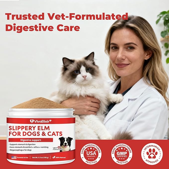 Slippery Elm for Dogs – Megaesophagus Dog Aid – Vet-Formulated Organic Slippery Elm Bark Powder – Cat Digestive Support – Relief for Constant Upset Stomach, Acid Reflux, Throwing Up – 5.3 oz