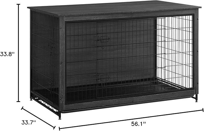 Feandrea 56.1" Dog Crate Furniture, Indoor Dog Cage Side End Table, XXL Pet Wood Kennel for Large and Medium Dogs up to 105 lb with Multi-Purpose Removable Tray, Double-Door Pet House, Ink Black