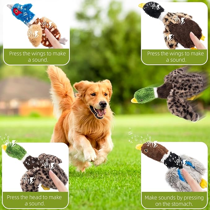 Extra-Plush Duck Dog Toy with 2 Squeakers & Crinkle β No Stuffing Gentle Chewer Squeaker for Calming Play, Soft Toy for Puppies to Senior Dogs (Long Pile, Brown & Grey)
