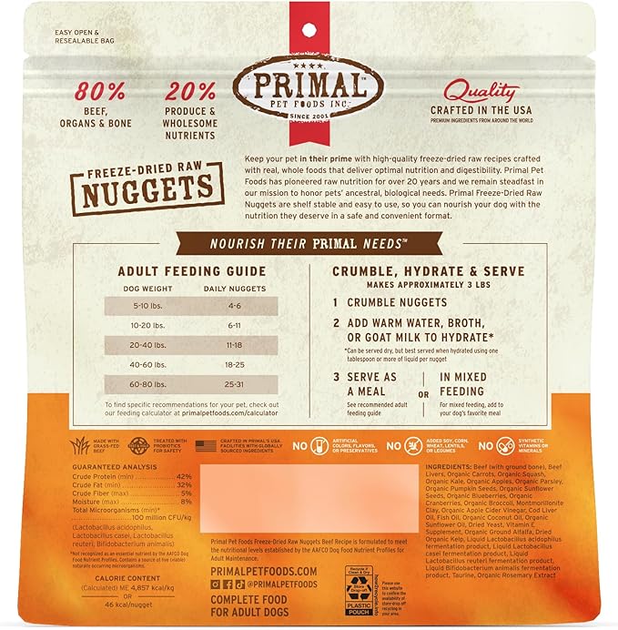 Primal Freeze Dried Dog Food Nuggets, Beef; Complete & Balanced Meal; Also Use as Topper or Treat; Premium, Healthy, Grain Free, High Protein Raw Dog Food, 14 oz (Pack of 4)