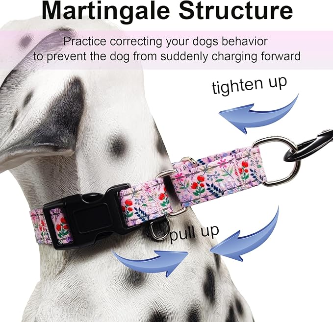 Reflective Martingale Collar with Quick Release Buckle Anti Pulling Girl Female Dog Collars (Pink Flowers Plants, Medium)