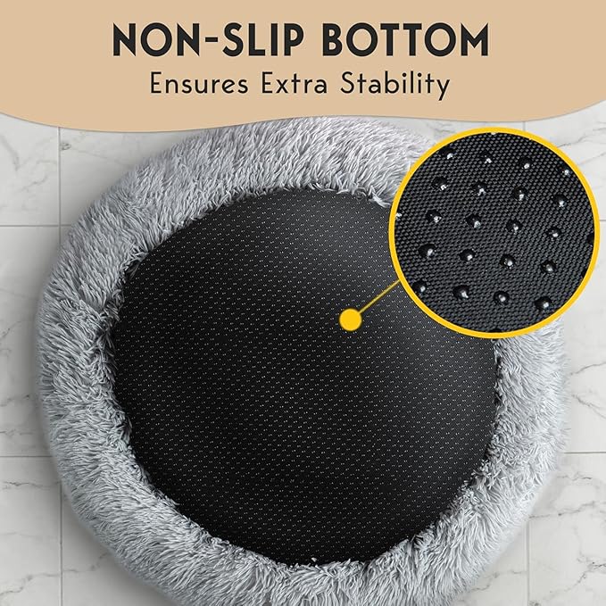 PetJett Calming Dog Bed Medium Size Dog - 30'' Donut Bed, Anti-Slip & Washable Super Soft Fluffy Plush Round Bed, Anti-Anxiety Premium Comfort Pet Bed, Fits Dogs up to 45 lbs - Bright Grey