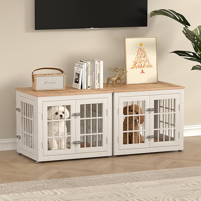 rehomerance 26 Inch Heavy Duty Dog Crate Furniture for Small Dogs, Decorative Pet House End Table, Wooden Cage Kennel Furniture Indoor, White and Natural