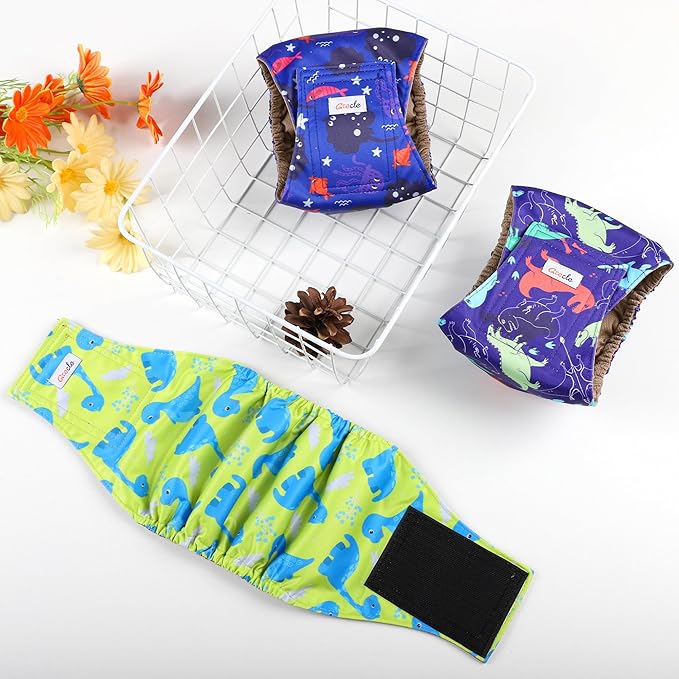 5 Pack Dog Diapers Male Reusable, Premium Belly Bands for Dogs, High Absorbing Male Dog Pee Wraps for Doggie in Incontinence or Excitable Urination Dinosaur XS