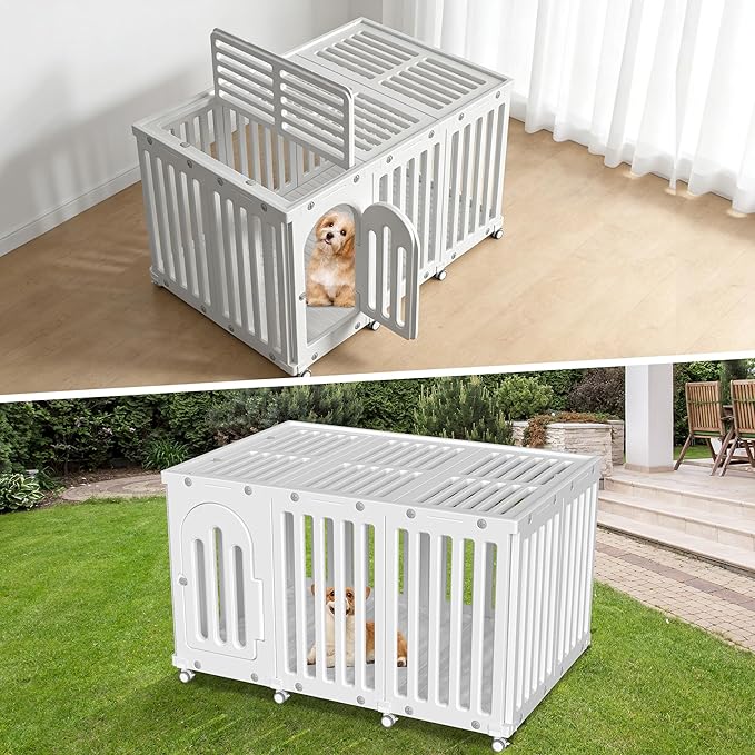 Dog Playpen with Door & Cover Top, Fence Panel Puppy Playpen, Room Dog Crate, Pet Playpen for Small & Medium Dogs, Puppy Play Pen for Indoors & Outdoor (50" L x 35" W x 30" H)
