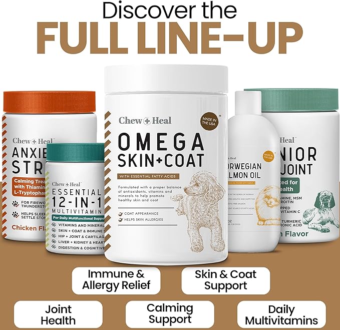 Omega 3 Fish Oil for Dogs, 180 Soft Chews - Salmon Oil Skin & Coat Supplement, Allergy & Itchy Skin Relief, Hot Spots, Anti Shedding - EPA DHA Omega 3 6 9 - Peanut Butter - Made in USA, Chew + Heal