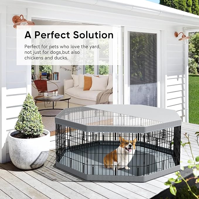 PJYuCien Dog Playpen with Top Cover and Bottom Pad - Metal Foldable Exercise Pen, 8 Panels 24" H x 24" W Indoor Outdoor Pet Fence Puppy Crate Kennel, Gray