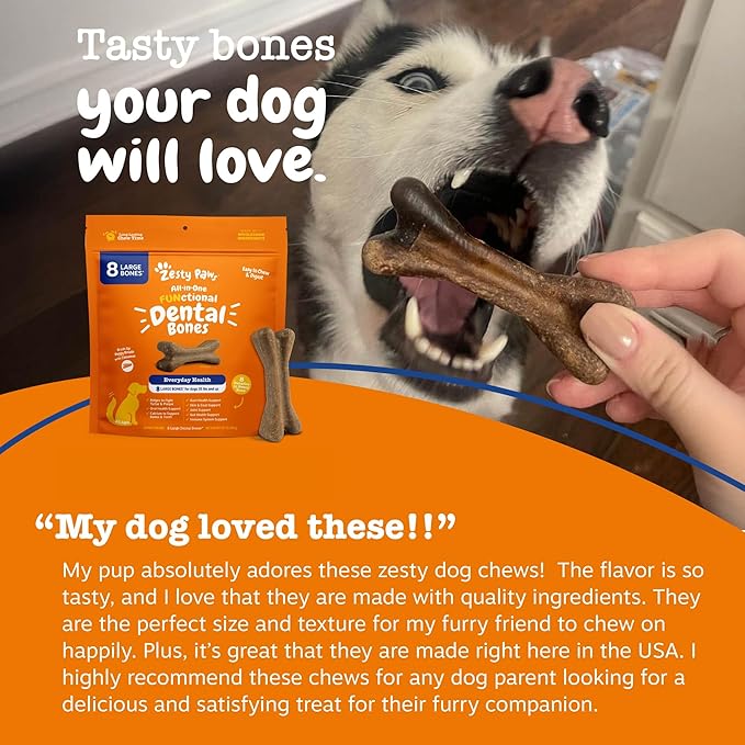 Zesty Paws Dental Bones - Fights Tartar & Plaque - Gum, Teeth & Bone Health - Cinnamon for Dog Breath - Immune, Joint, Gut, Skin & Coat Support - Omega 3 EPA & DHA and Calcium - Large Dogs - 8 ct