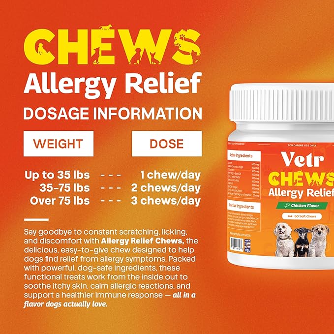 Vetr Allergy Relief Chews for Dogs - Dog Itching Skin Relief, Dog Allergy Treats with Probiotics and Omega-3 - Chicken Flavored 60 Count - Vet-Formulated in USA