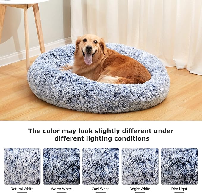 Bedfolks Calming Donut Dog Bed, 30 Inches Round Fluffy Dog Beds for Medium Dogs, Anti-Anxiety Plush Dog Bed, Machine Washable Pet Bed (Navy Blue, Medium)