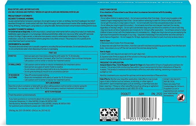 Amazon Basics Preventative Flea, Tick & Mosquito Topical Treatment for X-Large Dogs (Over 55 pounds), 6 Count, Packaging May Vary