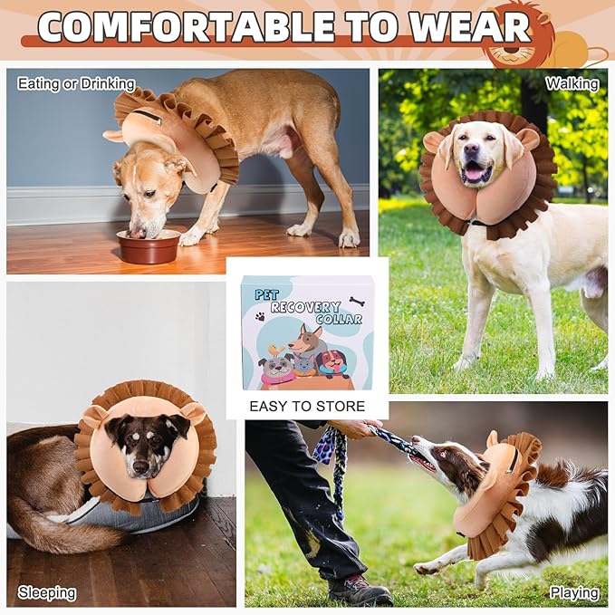 KOOLTAIL Inflatable Dog Cone Collar, Soft Donut E Collar for Dogs After Surgery to Stop Licking Enhanced Alternative, Blow Up Pet Neck Pillow Recovery Adjustable Cone for Dog Cat, Lion XL