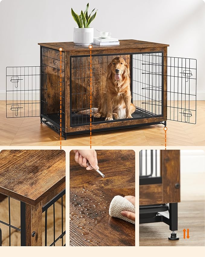 Feandrea 44.1" Dog Crate Furniture, Indoor Dog Cage Side End Table, XL Pet Wood Kennel for Large and Medium Dogs up to 80 lb with Multi-Purpose Removable Tray, Double-Door Pet House, Rustic Brown