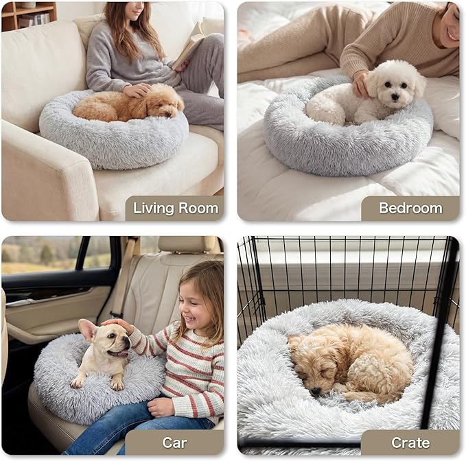 WROS Calming Dog Bed, 20" x 20" x 6" Fits Cat & Dog, Anti-Slip Round Washable Faux Fur for Doze Off, Napping Orthopedic, Grey