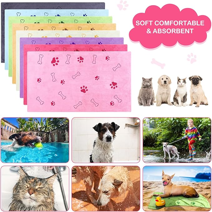 Chumia 8 Pcs Dog Towels for Drying Dogs Cats Pet Towels Bulk Puppy Microfiber Fast Drying Paw Bath Bathing Supplies Absorbent for Medium Pets(40 x 24 Inch,Dog Paw and Bone,Sweet Color)