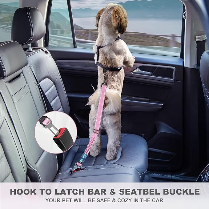 IOKHEIRA Dog Seat Belt 3-in-1 Car Harness for Pets Adjustable Safety Seatbelt Nylon Reflective Bungee Fabric Dog Car Harness with Clip Hook Latch & Buckle, Swivel Zinc Alloy Carabiner (Pink)