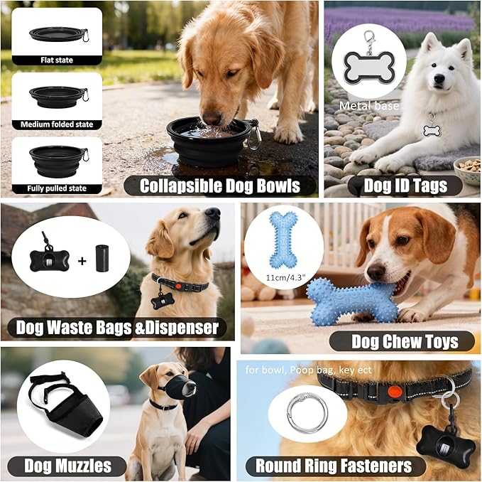 No Pull Dog Harness Adjustable Collar & Leash Set - Dog Halter Harnesses Collapsible Bowls & Poop Bag Dispenser Muzzle ID Tags Toys Fits Small Medium Large Dogs (Black-L)