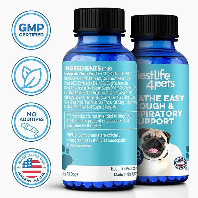 Breathe Easy Natural Cough Relief for Dogs - Gentle Senior Dog Respiratory, Congestion and Sneezing Relief Plus Trachea and Airway Support for Brachycephalic Dogs Ensures Calm Walks & Restful Sleep