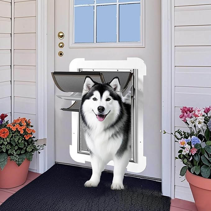 3-Flap Never Rust Extra Large Dog Door for Doors with Sliding Lock Panel, Steel Frame and Telescoping Tunnel, Extreme Weather Durable Doggy Door (Pets Up to 220 Lb)
