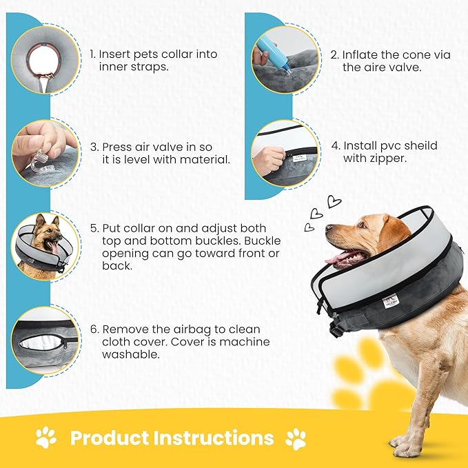 Inflatable Dog Cone Collar w/Pump - Medium Dog Donut Collar After Surgery - Washable Dog Collar w/Removable Soft Cone for Dogs After Surgery- Dog Cone Alternative After Surgery w/Soft Cover