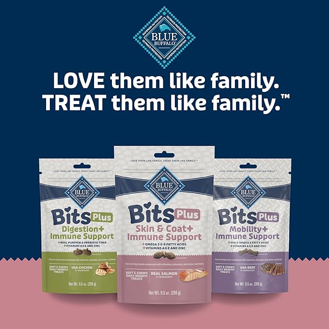 Blue Buffalo Blue Bits Plus Skin & Coat and Immune Support Daily Benefit Dog Treats, Soft & Chewy Salmon Morsels, 9.5-oz. Bag