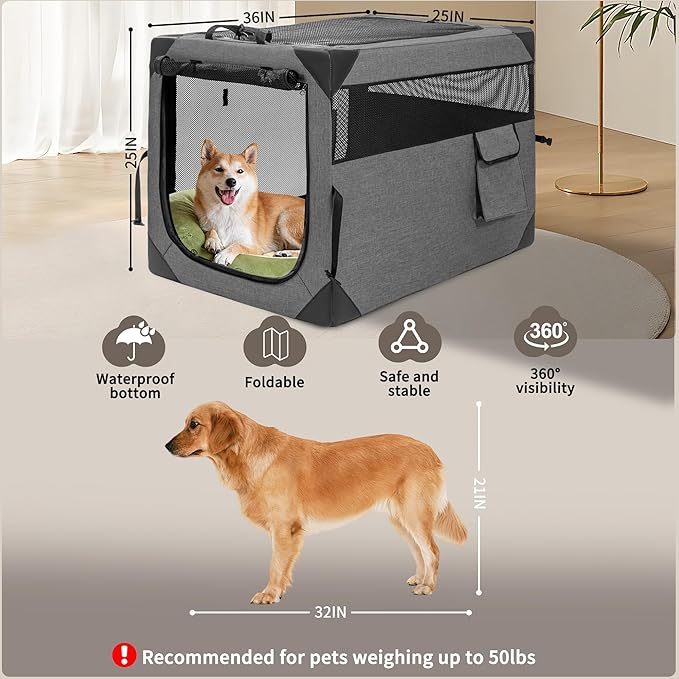 Hiaksedt Dog Crates - 36 Inch Collapsible Soft Dog Crate, 3-Door Foldable Soft Kennel for Large Dogs, Portable Pet Travel Cage with Chew Proof Mesh Window for Indoors & Outdoors(Dark Gray)
