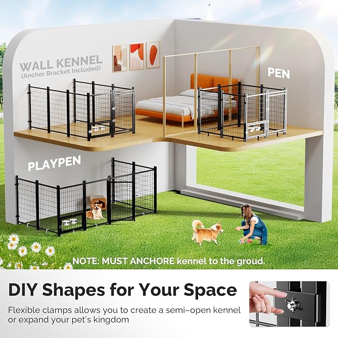 Sino Luban 2PCS Outdoor Dog Kennel Outside Run with Doggy Door, Swivel Feeder&Roof - 5x5x5FT Large Dog Kennels Pens Outside for Medium/Large Dogs - Heavy Duty Cage (Can Connect to Your Dog House)