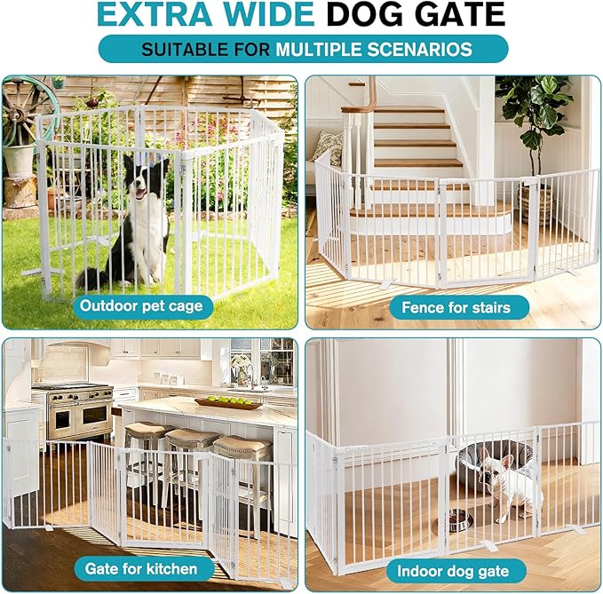 Snagle Paw Extra Wide Dog Gate,Free Standing Dog Fence with Door, Up to 156 Inch Wide Pet Gate with Support Feet for Stairs, Hallways, Doorways, Yard (White, 6 Panels)