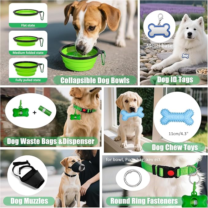No Pull Dog Harness Adjustable Collar & Leash Set - Dog Halter Harnesses Collapsible Bowls & Poop Bag Dispenser Muzzle ID Tags Toys Fits Small Medium Large Dogs (Green-L)
