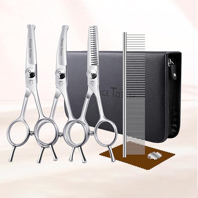Dog Grooming Scissors: 3 in 1 Pet Shears Set Made of Advanced JP440C Stainless Steel Alloy for Trimming Dogs Cats and Other Pets Face and Paws