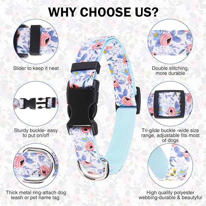 Dog Collar and Leash Set for Medium Dogs, Adjustable Soft Puppy Collar with Quick Release Buckle, 5FT Heavy Duty Nylon Matching Leash for Boy Girl Chihuahua, Yorki, Bulldog, Blue M