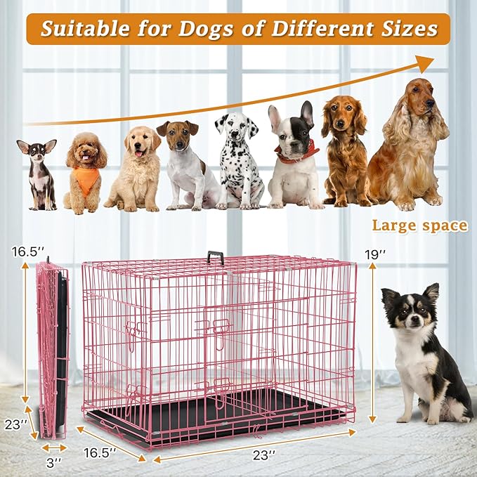Dog Crate Dog Kennel Cage for Small Dogs, 24" Portable Foldable Indoor Outdoor Large Double Door Wire Metal Puppy Cat Pet Dog Cage with ABS Tray LC & Divider, Pink