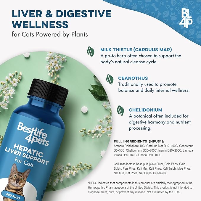 Hepatic Liver Support for Cats Dissolvable,Homeopathic, Digestive Feline Supplement for Liver Detox and Nutrient Absorption 100% All Natural, Easy to Give, Free of Chemicals or Additives, 400 Pills