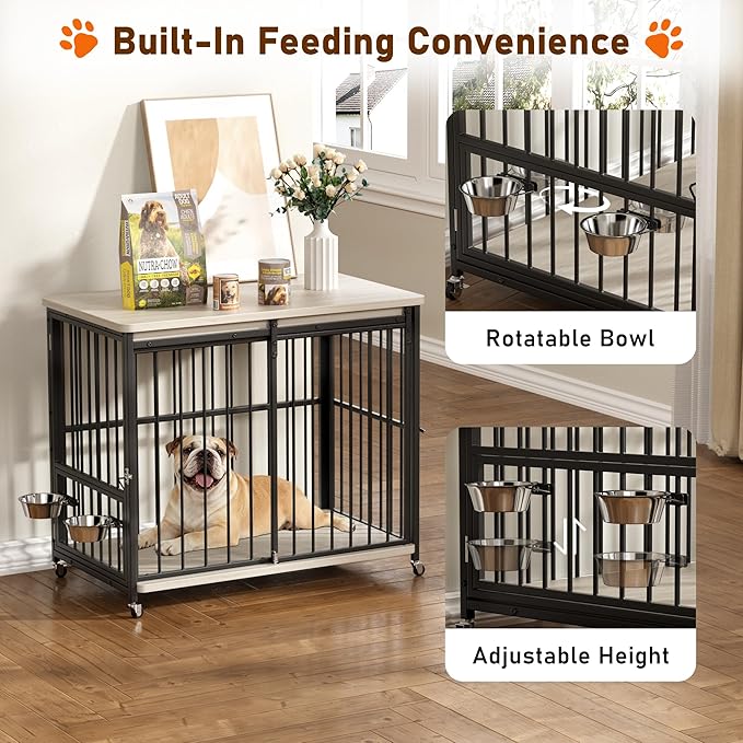 Dog Crate Furniture, 42’’ Wooden Dog Kennel Indoor with Sliding Front Door, Multi-Side Openings & Feeding Window Pet Cage House as TV Stand, End Table(Beige)