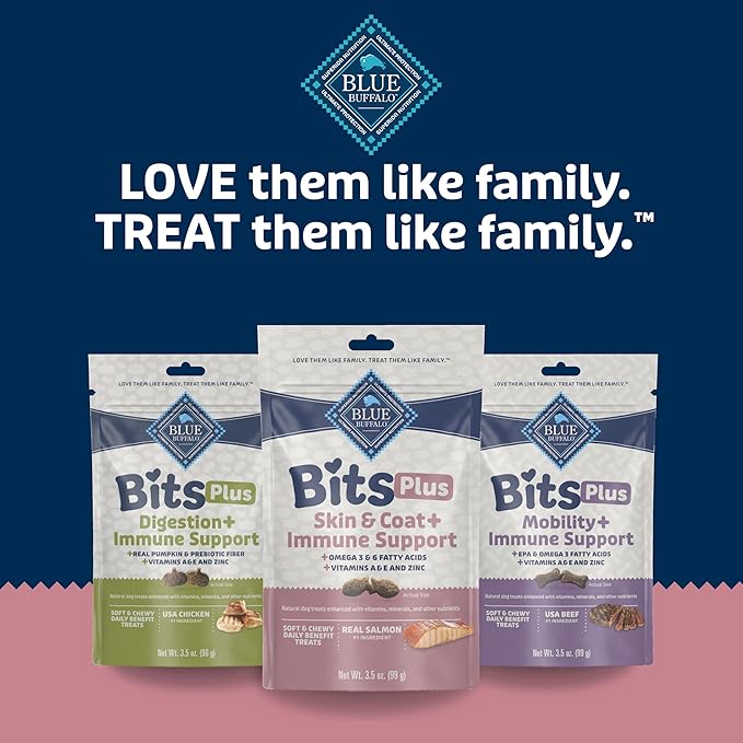 Blue Buffalo Blue Bits Plus Skin & Coat and Immune Support Daily Benefit Dog Treats, Soft & Chewy Salmon Morsels, 3.5-oz. Bag (Pack of 2)