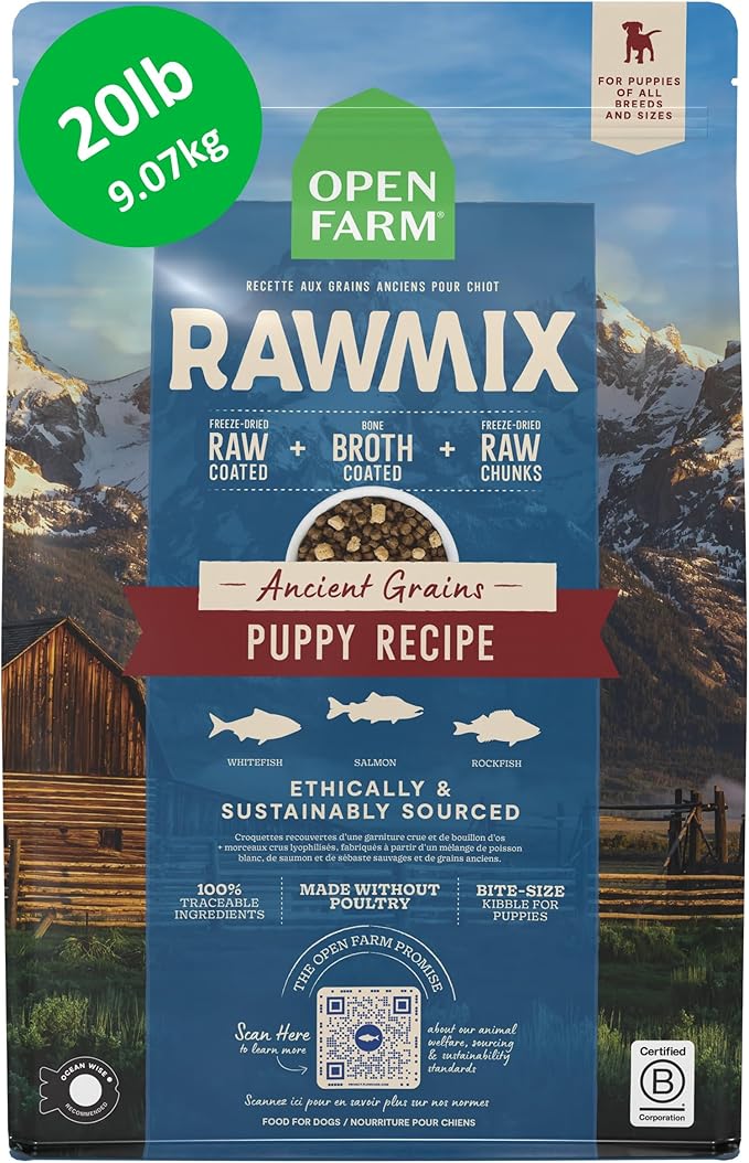 Open Farm, RawMix Ancient Grains Dry Puppy Food, Protein-Packed Kibble Coated in Bone Broth with Freeze Dried Raw Chunks, Wild Caught Fish, Puppy Recipe, 20lb Bag