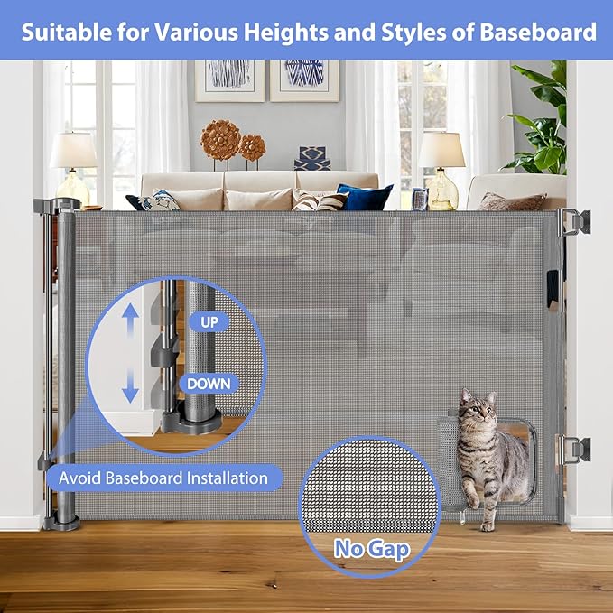 Retractable Dog Gate with Cat Door 55" Wide Retractable Pet Gate with Cat Door Mesh Dog Gate Retractable Baby Gates for Doorway Retractable Puppy Gate for The House Retractable Outdoor Gate for Deck