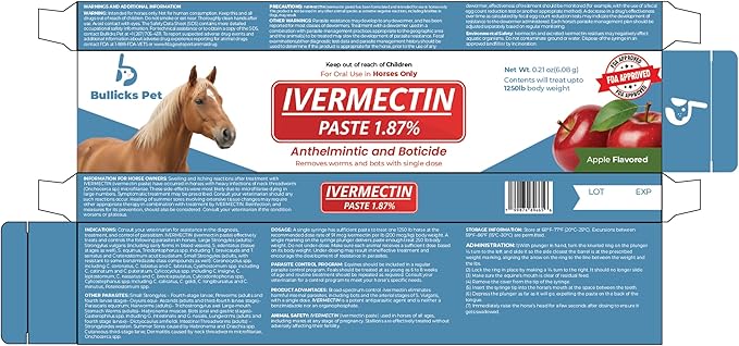 Ivermectin Horse Paste 1.87% Dewormer β Apple Flavored Anthelmintic, Broad-Spectrum Parasite Control for Horses up to 1,250 lbs