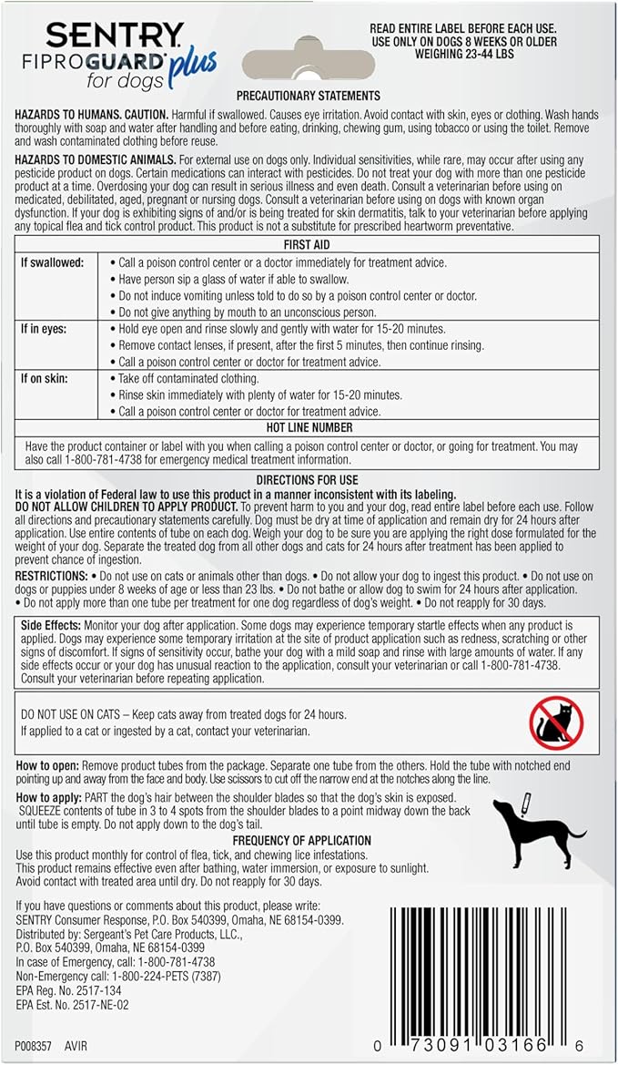 Sentry Fiproguard Plus for Dogs, Flea and Tick Prevention for Dogs (23-44 Pounds), Includes 6 Month Supply of Topical Flea Treatments